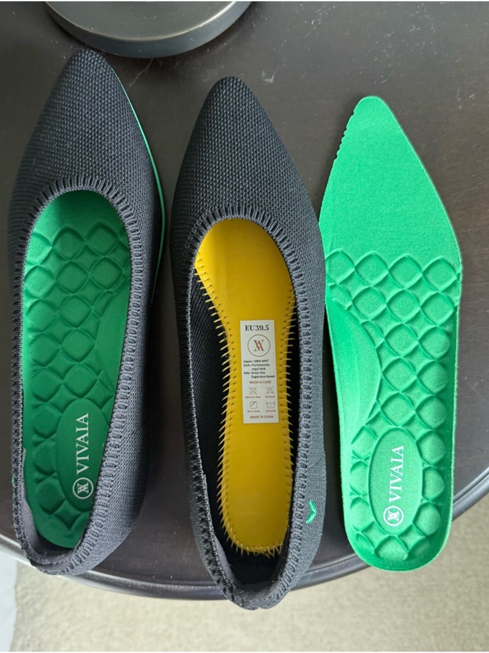 NEW Viviana Black Pointed Knit Ballet Flats with Green Sole - Picture 2 of 16